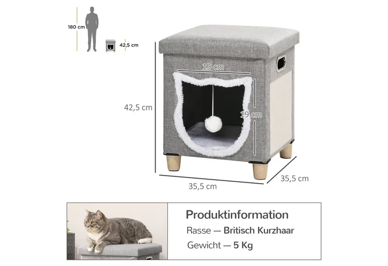 Kattenhuis met kussen en speelgoedbal D30-679V00 by PawHut in Grey – product photo 3 of 5