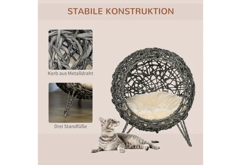 Kattenhuis met kussen kattenslaapplaats Kattengrot Verhoogde poten PVC rotan D30-245 von PawHut in Zilvergrijs – Produktfoto 4 von 5