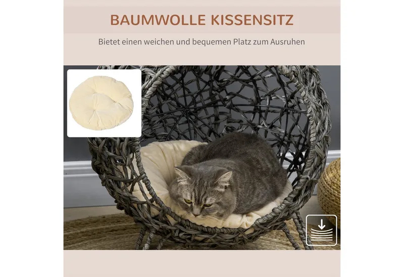 Kattenhuis met kussen kattenslaapplaats Kattengrot Verhoogde poten PVC rotan D30-245 von PawHut in Zilvergrijs – Produktfoto 5 von 5