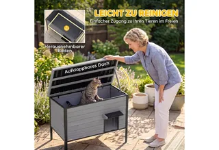 Kattenhuis-Vurenhout, kunststof-85L x 55B x 70H cm-Lichtgrijs de PawHut en Gris clair – photo produit 5 sur 5