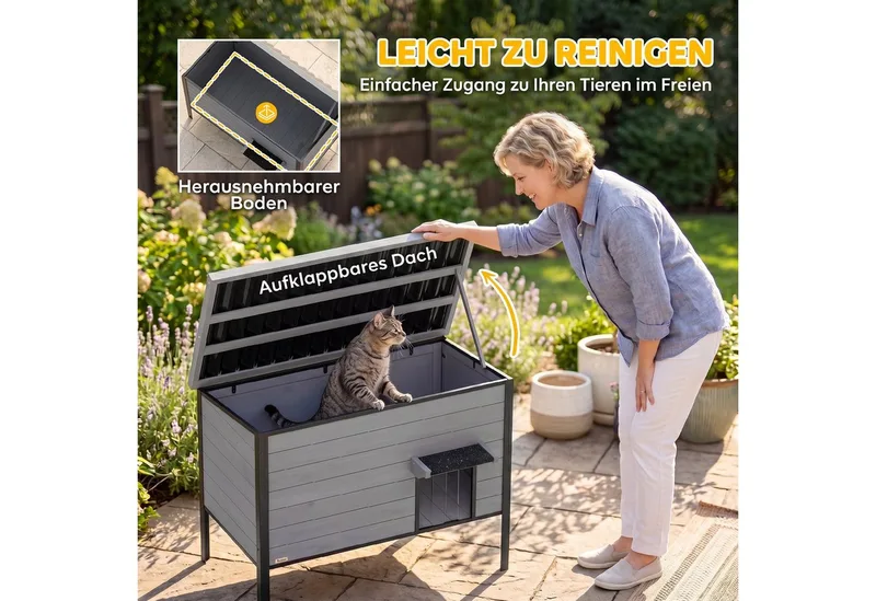 Kattenhuis-Vurenhout, kunststof-85L x 55B x 70H cm-Lichtgrijs de PawHut en Gris clair – photo produit 5 sur 5