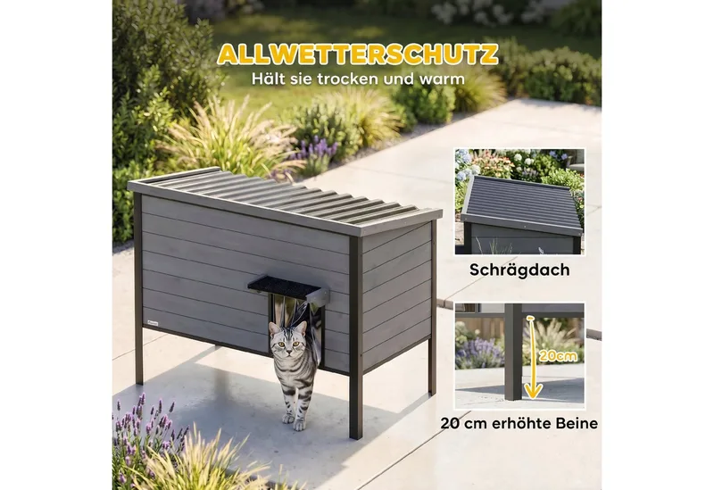 Kattenhuis-Vurenhout, kunststof-85L x 55B x 70H cm-Lichtgrijs de PawHut en Gris clair – photo produit 4 sur 5