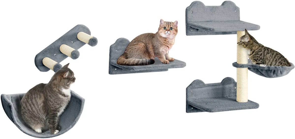 Kattenklimmuur 3 Niveaus - Muurklimset - Kattenplank - Sisal Krabmeubel van PawHut in Grijs – productfoto