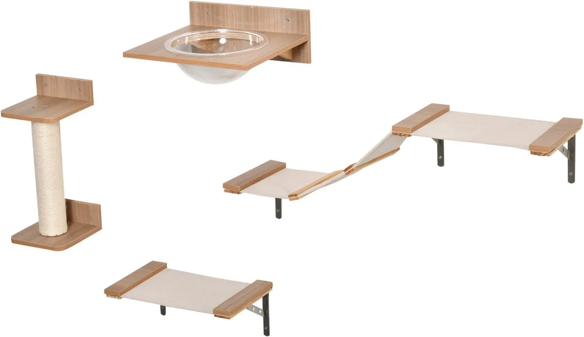 Kattenklimmuur met 4 Delen en Hangmat - Kattenmuur - Muurkrabpaal - Klimwand voor Katten van PawHut in Lichtbruin – productfoto