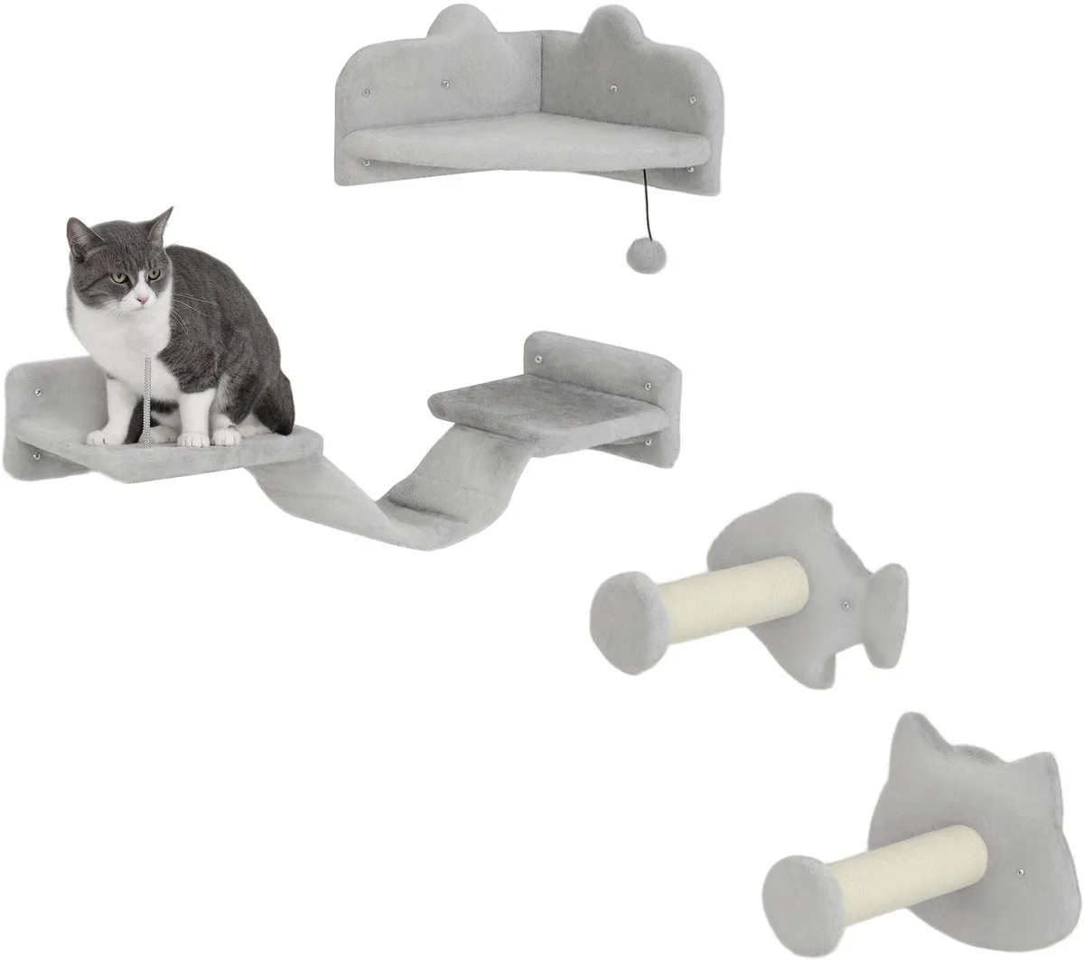 kattenklimwand set met sprongplatforms en hangmat - Krabmeubel wand - Kattenrek muur - Lichtgrijs van PawHut in Lichtgrijs – productfoto
