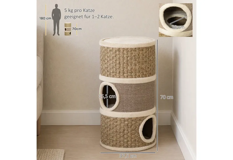 Kattenkrabpaal Kattenton voor katten 3 niveaus Krabpaal klimboom sisal D30-326 by PawHut in Kaki, Brown – product photo 3 of 5