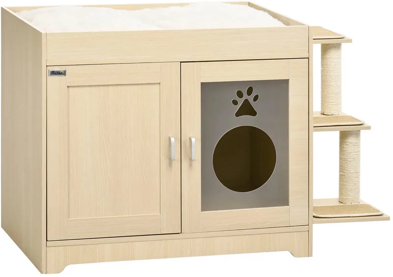 Kattenmeubel - Kat - Katten - Kattenbak Kast - Kattenbak - Kattenkast - Kattenbench - Kast - Kastje - Dressoir - Dressoir Kasten - Dressoirs - Kattenkooi - Ombouw - Hout - Krabpaal - Krab Paal by PawHut in Oak – product photo