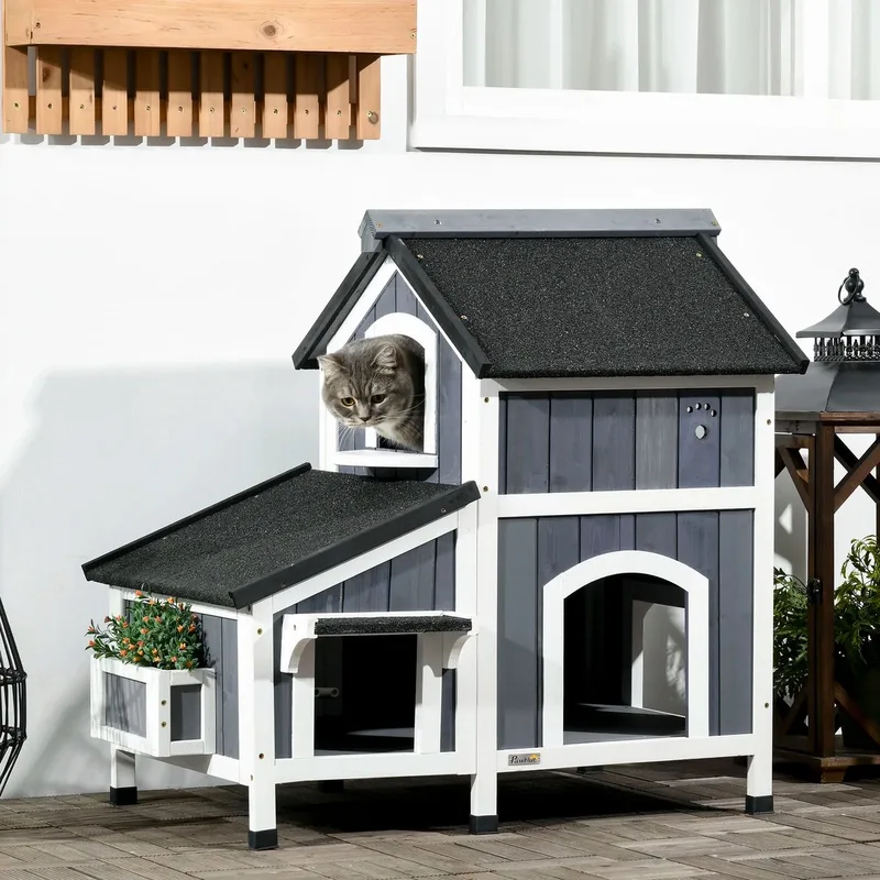 Kattenschuur Met Plantenbak - Kattenschuur - Katten Schuur - Katten Kast - Katten - Kat - Kattenspeelgoed - Kattenmand - Kattenhuis - Kattenhuis Voor Buiten - Kattenhuis Voor Binnen by PawHut in Grey – product photo