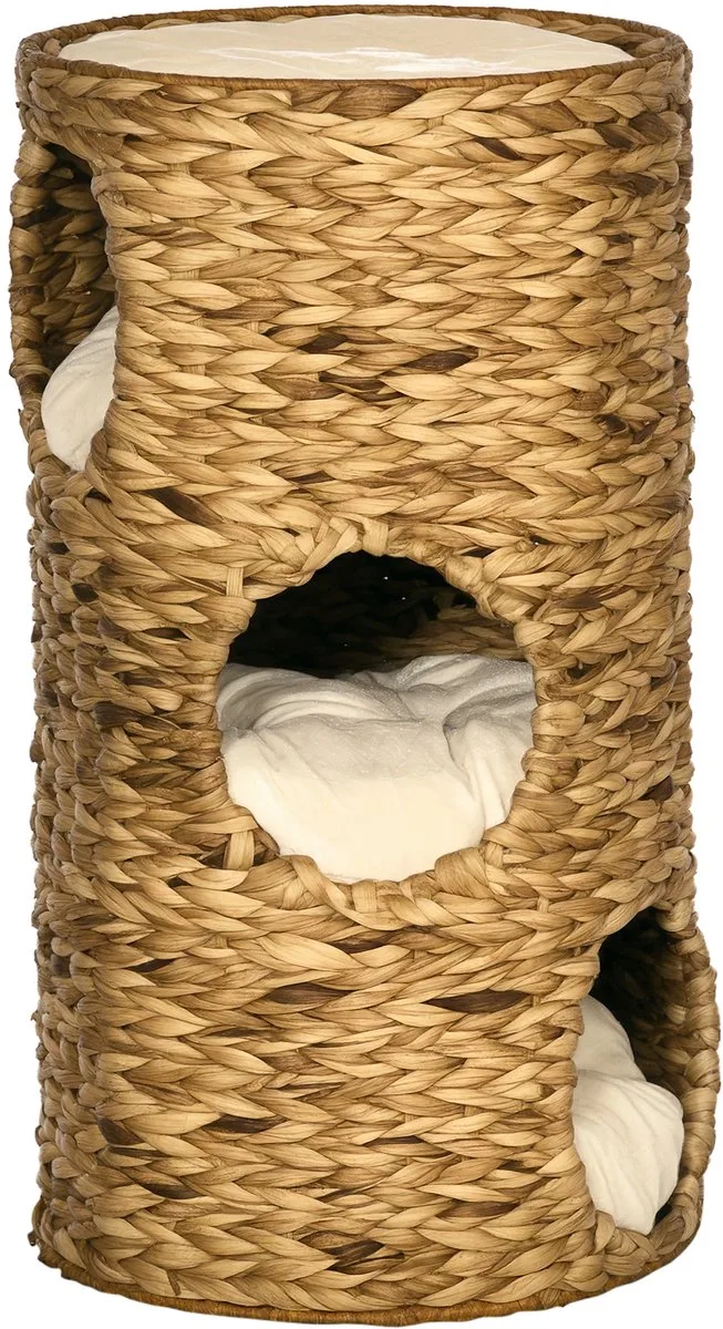 Kattentoren met Kussen en 3 Ingangen - Kattenhuis - Kattenmand - Gevlochten - Lichtbruin van PawHut in Bruin – productfoto