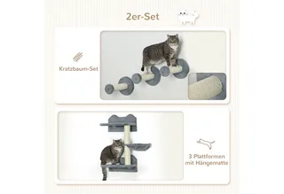 Katzen Kletterwand, 4-teilig, Katzenkletterwand, inkl. 1 x Sprungturm, 3 x Kratzbäume, Kletterwand Set, Kratzbaum mit Hängematte, Wandliege Katzen, Katzentreppe, Sisal, Grau+Beige de PawHut en Gris – photo produit 5 sur 5