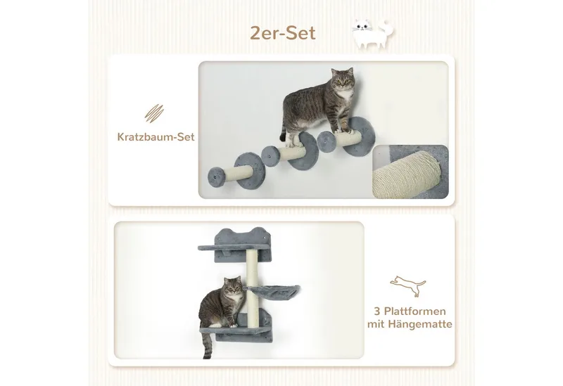 Katzen Kletterwand, 4-teilig, Katzenkletterwand, inkl. 1 x Sprungturm, 3 x Kratzbäume, Kletterwand Set, Kratzbaum mit Hängematte, Wandliege Katzen, Katzentreppe, Sisal, Grau+Beige de PawHut en Gris – photo produit 5 sur 5