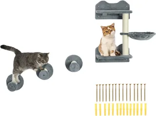 Katzen Kletterwand, 4-teilig, Katzenkletterwand, inkl. 1 x Sprungturm, 3 x Kratzbäume, Kletterwand Set, Kratzbaum mit Hängematte, Wandliege Katzen, Katzentreppe, Sisal, Grau+Beige de PawHut en Gris – photo produit 1 sur 5
