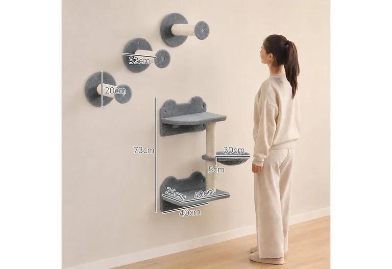 Katzen Kletterwand, 4-teilig, Katzenkletterwand, inkl. 1 x Sprungturm, 3 x Kratzbäume, Kletterwand Set, Kratzbaum mit Hängematte, Wandliege Katzen, Katzentreppe, Sisal, Grau+Beige de PawHut en Gris – photo produit 3 sur 5
