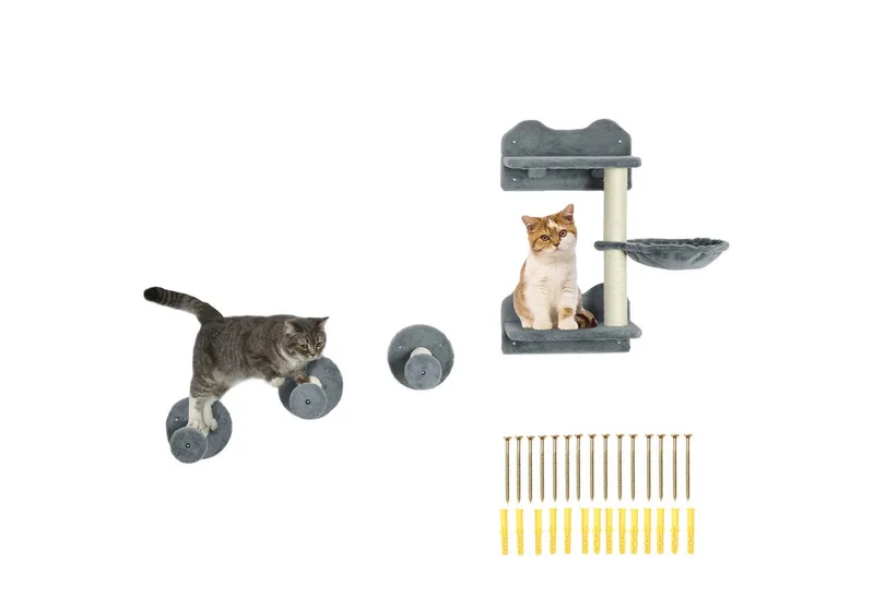 Katzen Kletterwand, 4-teilig, Katzenkletterwand, inkl. 1 x Sprungturm, 3 x Kratzbäume, Kletterwand Set, Kratzbaum mit Hängematte, Wandliege Katzen, Katzentreppe, Sisal, Grau+Beige de PawHut en Gris – photo produit 2 sur 5