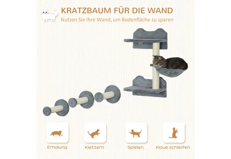 Katzen Kletterwand, 4-teilig, Katzenkletterwand, inkl. 1 x Sprungturm, 3 x Kratzbäume, Kletterwand Set, Kratzbaum mit Hängematte, Wandliege Katzen, Katzentreppe, Sisal, Grau+Beige de PawHut en Gris – photo produit 4 sur 5