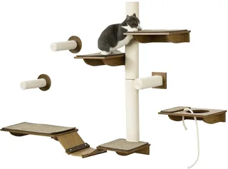 Katzen Kletterwand Set, 8-teilig Katzenmöbel mit Kratzbäumen, Sitzstangen, Kratzbrett, Katzentreppe, Sisal, Braun fra PawHut i Braun+Cremeweiß – produktbillede 1 af 5