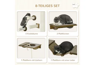 Katzen Kletterwand Set, 8-teilig Katzenmöbel mit Kratzbäumen, Sitzstangen, Kratzbrett, Katzentreppe, Sisal, Braun fra PawHut i Braun+Cremeweiß – produktbillede 5 af 5