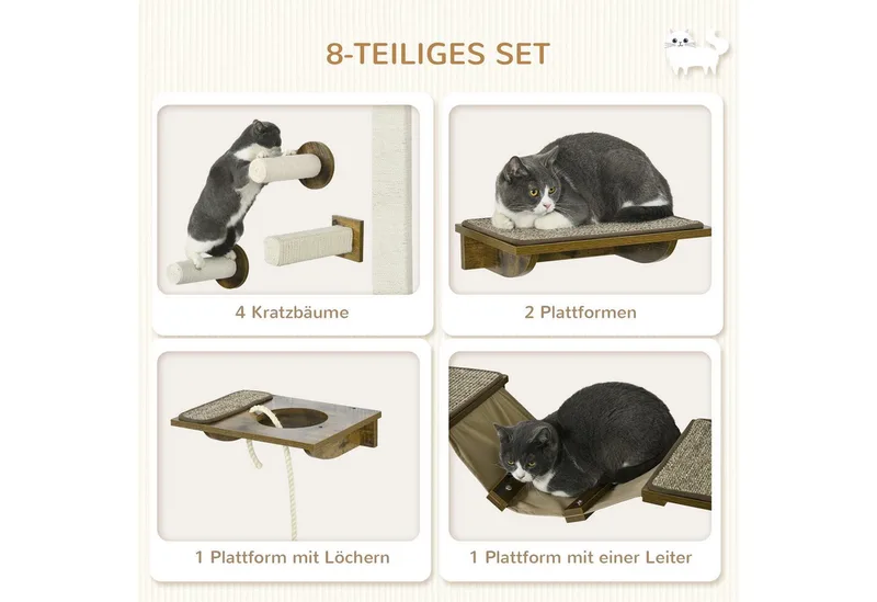 Katzen Kletterwand Set, 8-teilig Katzenmöbel mit Kratzbäumen, Sitzstangen, Kratzbrett, Katzentreppe, Sisal, Braun fra PawHut i Braun+Cremeweiß – produktbillede 5 af 5