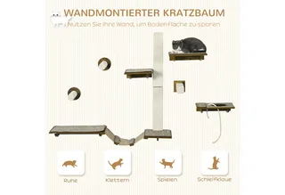 Katzen Kletterwand Set, 8-teilig Katzenmöbel mit Kratzbäumen, Sitzstangen, Kratzbrett, Katzentreppe, Sisal, Braun fra PawHut i Braun+Cremeweiß – produktbillede 4 af 5