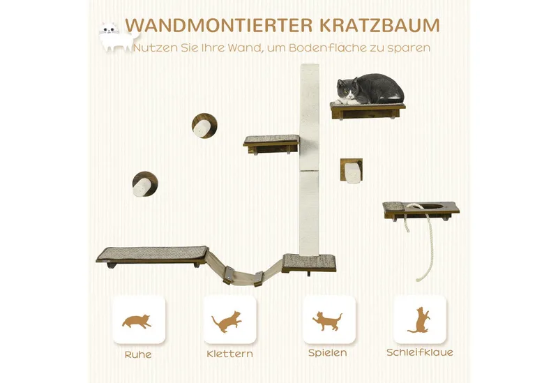 Katzen Kletterwand Set, 8-teilig Katzenmöbel mit Kratzbäumen, Sitzstangen, Kratzbrett, Katzentreppe, Sisal, Braun fra PawHut i Braun+Cremeweiß – produktbillede 4 af 5
