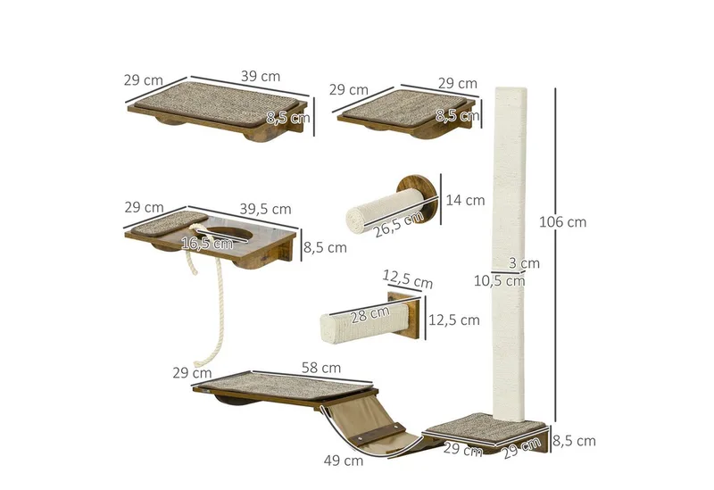 Katzen Kletterwand Set, 8-teilig Katzenmöbel mit Kratzbäumen, Sitzstangen, Kratzbrett, Katzentreppe, Sisal, Braun fra PawHut i Braun+Cremeweiß – produktbillede 3 af 5