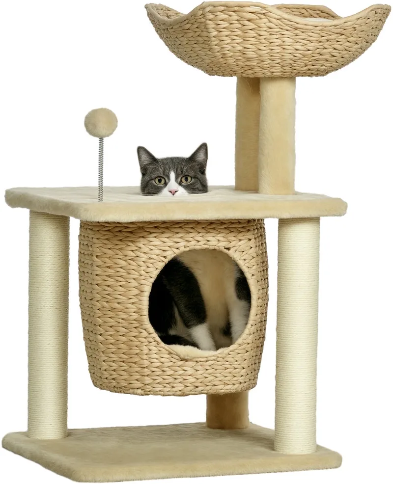 Katzen Kratzbaum Klein, 74 cm Katzenbaum mit Katzenhöhle, Spielball, Indoor Kletterturm mit Bett, Kratzmöbel für Katzen bis 5 kg fra PawHut i Beige – produktbillede