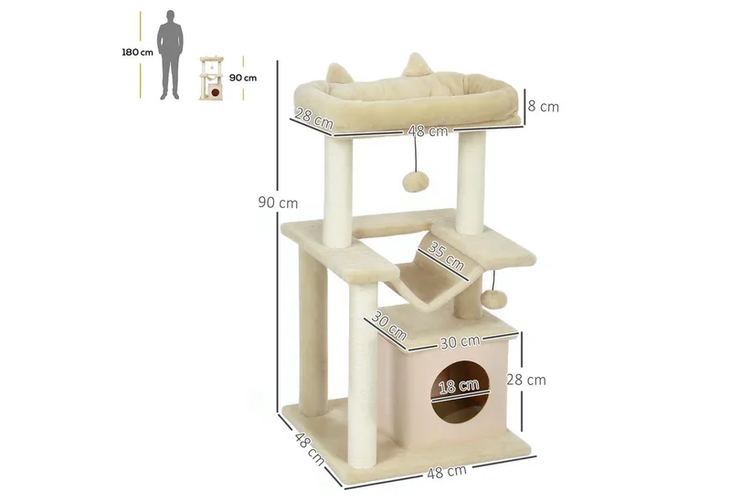 Katzenbaum 90 cm Kratzbaum mit Hängematte Spielbaum Katzenhöhle Plattformen Kletterbaum Katzenkratzbaum Aktivitätskratzbäum Plüsch Sisal Creme von PawHut in Cremeweiß – Produktfoto 3 von 5
