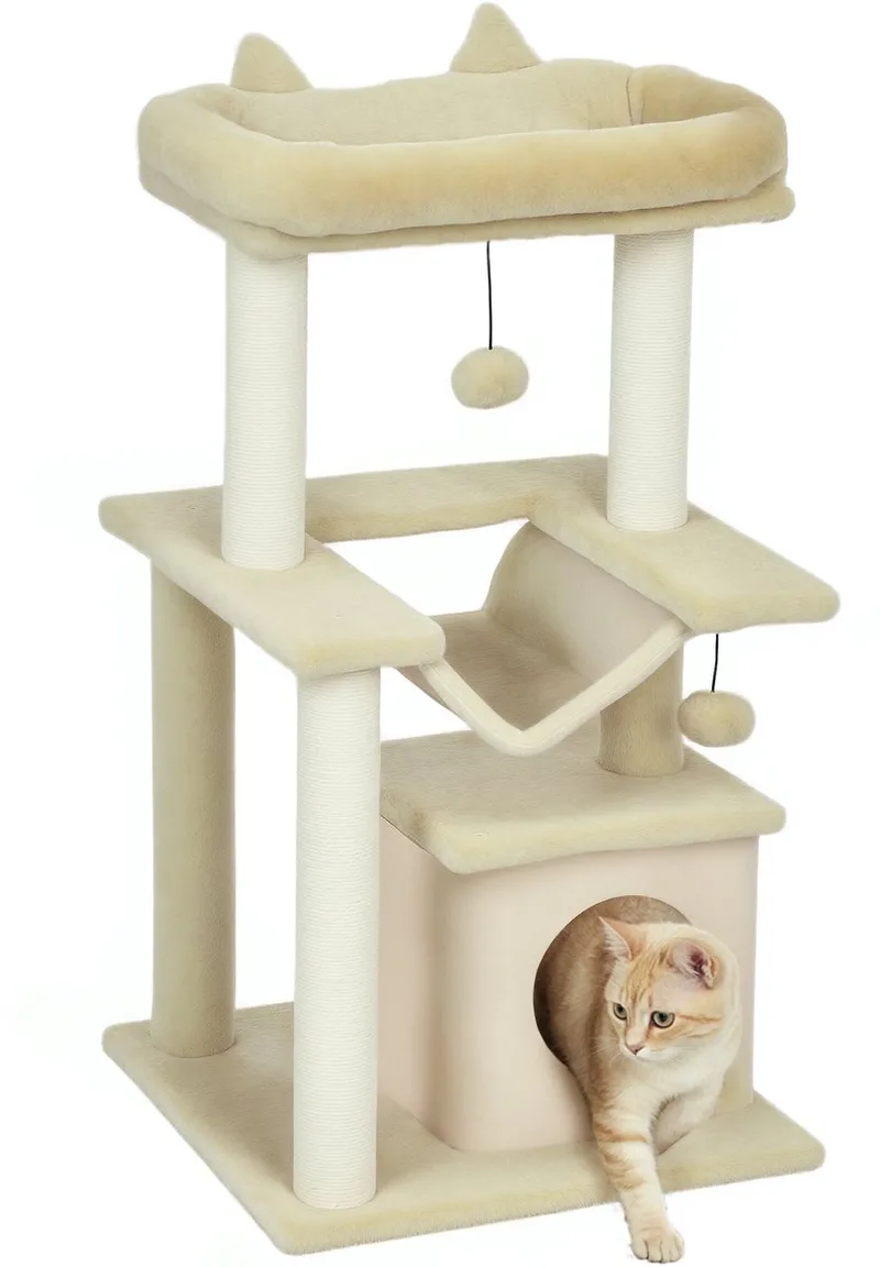 Katzenbaum 90 cm Kratzbaum mit Hängematte Spielbaum Katzenhöhle Plattformen Kletterbaum Katzenkratzbaum Aktivitätskratzbäum Plüsch Sisal Creme von PawHut in Cremeweiß – Produktfoto 1 von 5
