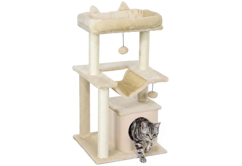 Katzenbaum 90 cm Kratzbaum mit Hängematte Spielbaum Katzenhöhle Plattformen Kletterbaum Katzenkratzbaum Aktivitätskratzbäum Plüsch Sisal Creme von PawHut in Cremeweiß – Produktfoto 2 von 5