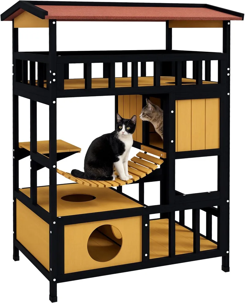 Katzenhaus aus Holz Katzenhöhle mit Plattformen, Hängebrück, Katzenhütte für bis zu 2 Katzen, Innen- und Außenbereich von PawHut in Gelb – Produktfoto