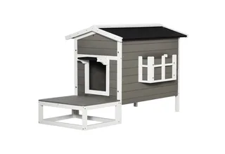 Katzenhaus aus Holz, Katzenhütte Outdoor Katzenhöhle Kleintierhaus mit Terrasse und Balkon für Katzen Hunde Tannenholz Grau + Weiß 115 x 66,5 x 74,7 cm by PawHut in Grau + Weiß – product photo 2 of 5