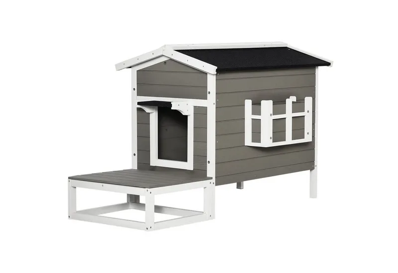 Katzenhaus aus Holz, Katzenhütte Outdoor Katzenhöhle Kleintierhaus mit Terrasse und Balkon für Katzen Hunde Tannenholz Grau + Weiß 115 x 66,5 x 74,7 cm by PawHut in Grau + Weiß – product photo 2 of 5