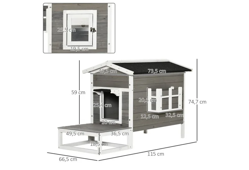 Katzenhaus aus Holz, Katzenhütte Outdoor Katzenhöhle Kleintierhaus mit Terrasse und Balkon für Katzen Hunde Tannenholz Grau + Weiß 115 x 66,5 x 74,7 cm by PawHut in Grau + Weiß – product photo 3 of 5