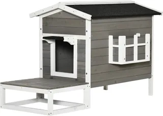 Katzenhaus aus Holz, Katzenhütte Outdoor Katzenhöhle Kleintierhaus mit Terrasse und Balkon für Katzen Hunde Tannenholz Grau + Weiß 115 x 66,5 x 74,7 cm by PawHut in Grau + Weiß – product photo 1 of 5