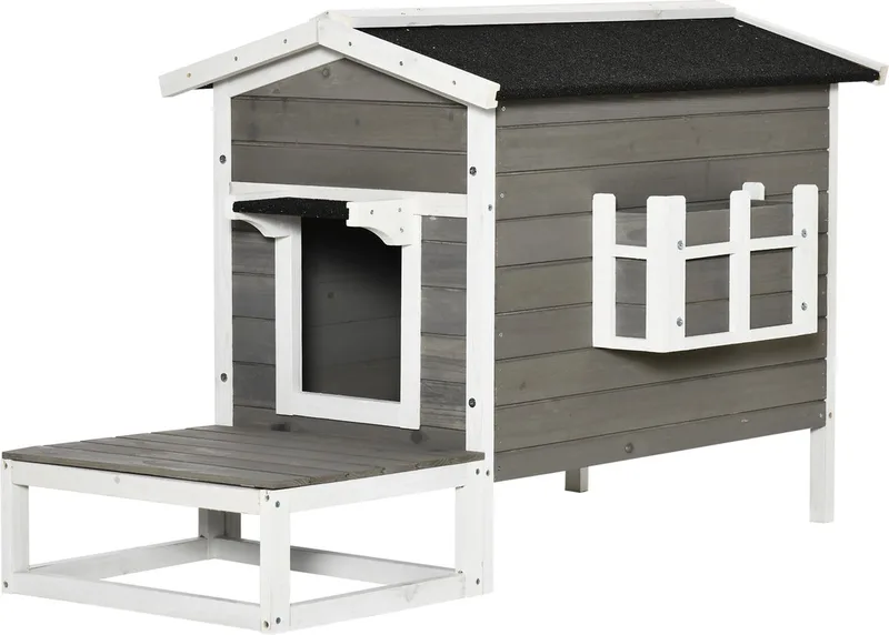 Katzenhaus aus Holz, Katzenhütte Outdoor Katzenhöhle Kleintierhaus mit Terrasse und Balkon für Katzen Hunde Tannenholz Grau + Weiß 115 x 66,5 x 74,7 cm by PawHut in Grau + Weiß – product photo 1 of 5
