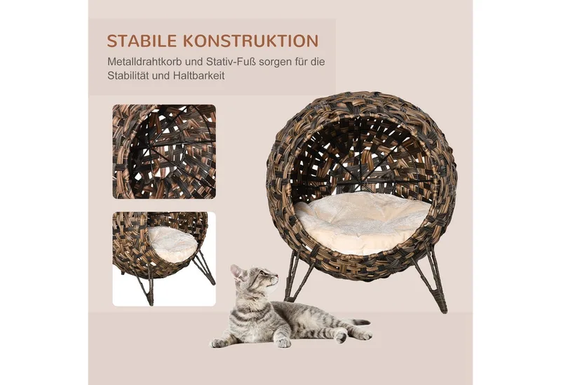 Katzenhaus aus Rattan mit Kissen Katzenschlafplatz Katzenhöhle mit erhöhten Füßen Ø52 x 58 cm by PawHut in Brown – product photo 4 of 5