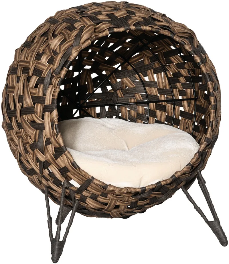Katzenhaus aus Rattan mit Kissen Katzenschlafplatz Katzenhöhle mit erhöhten Füßen Ø52 x 58 cm by PawHut in Brown – product photo 1 of 5