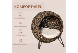 Katzenhaus aus Rattan mit Kissen Katzenschlafplatz Katzenhöhle mit erhöhten Füßen Ø52 x 58 cm by PawHut in Brown – product photo 5 of 5