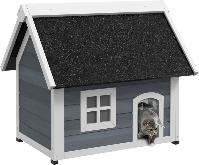 Katzenhaus Outdoor Katzenhöhle aus Holz, mit Aufklappbar Asphaltdach, Wetterfest Katzenhütte mit Fenster, 3 Türen, 77 x 57,5 x 68 cm de PawHut en Gris – photo produit