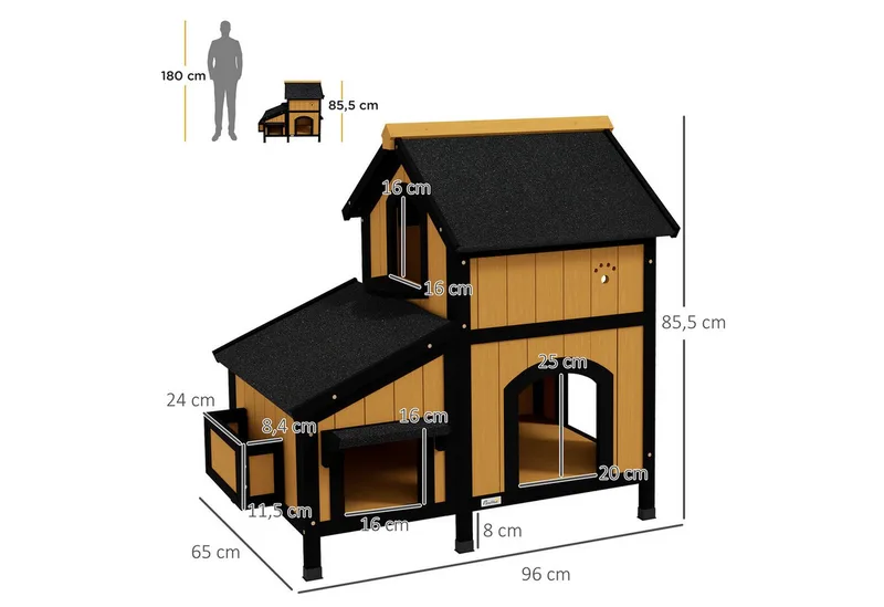 Katzenhaus, Tannenholz, Katzenhütte mit mehreren Eingängen, 2 Etagen, Katzenhöhle für draußen, Kleintierhaus mit Asphaltadach, Blumenkasten, winterfest, Erhöhtes Design, 96 x 65 x 85,5 cm de PawHut en Jaune – photo produit 3 sur 5
