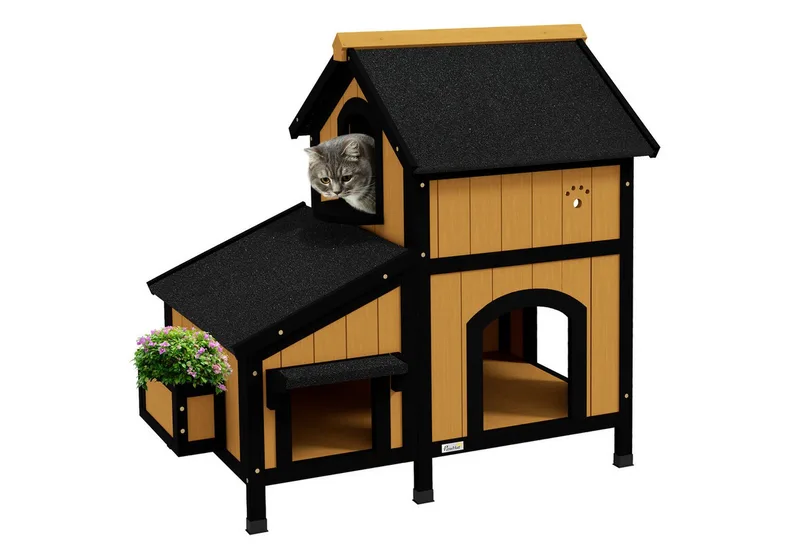 Katzenhaus, Tannenholz, Katzenhütte mit mehreren Eingängen, 2 Etagen, Katzenhöhle für draußen, Kleintierhaus mit Asphaltadach, Blumenkasten, winterfest, Erhöhtes Design, 96 x 65 x 85,5 cm de PawHut en Jaune – photo produit 2 sur 5