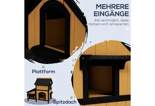 Katzenhaus, Tannenholz, Katzenhütte mit mehreren Eingängen, 2 Etagen, Katzenhöhle für draußen, Kleintierhaus mit Asphaltadach, Blumenkasten, winterfest, Erhöhtes Design, 96 x 65 x 85,5 cm de PawHut en Jaune – photo produit 4 sur 5