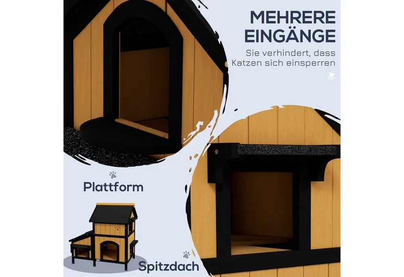 Katzenhaus, Tannenholz, Katzenhütte mit mehreren Eingängen, 2 Etagen, Katzenhöhle für draußen, Kleintierhaus mit Asphaltadach, Blumenkasten, winterfest, Erhöhtes Design, 96 x 65 x 85,5 cm de PawHut en Jaune – photo produit 4 sur 5