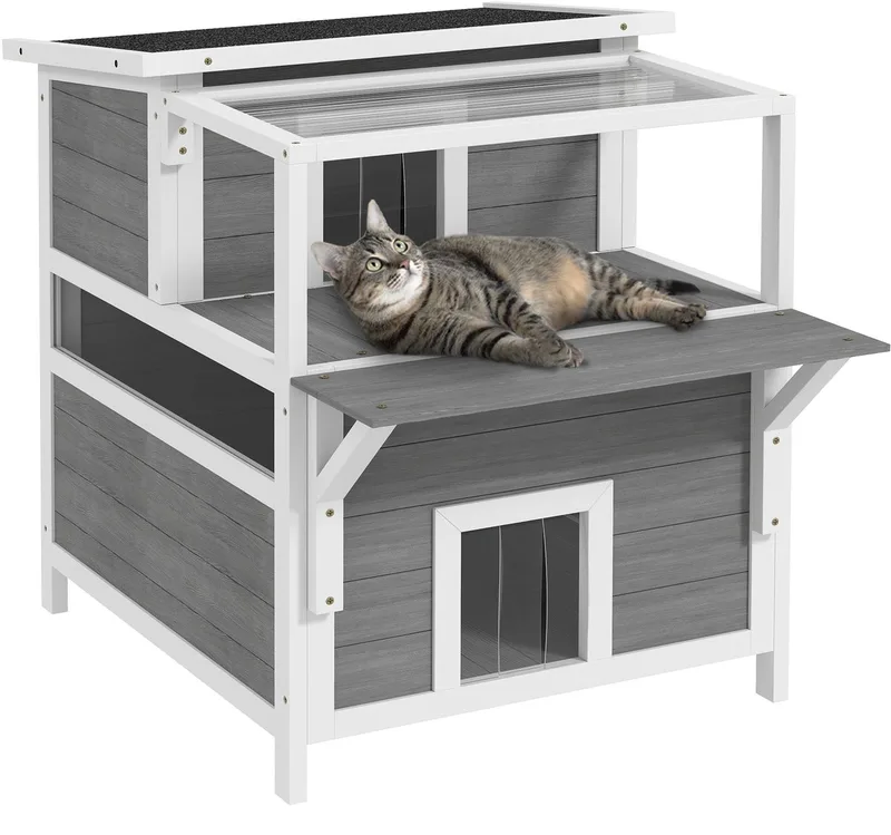 Katzenhöhle, Katzenhütte aus Tannenholz, Katzenhaus mit Balkon, Eingängen, für Katzen bis 5 kg, Outdoor, 64 x 87 x 76 cm by PawHut in Light grey – product photo 1 of 5
