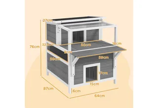 Katzenhöhle, Katzenhütte aus Tannenholz, Katzenhaus mit Balkon, Eingängen, für Katzen bis 5 kg, Outdoor, 64 x 87 x 76 cm by PawHut in Light grey – product photo 3 of 5