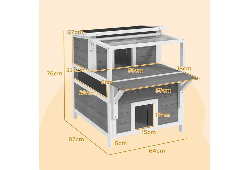 Katzenhöhle, Katzenhütte aus Tannenholz, Katzenhaus mit Balkon, Eingängen, für Katzen bis 5 kg, Outdoor, 64 x 87 x 76 cm by PawHut in Light grey – product photo 3 of 5