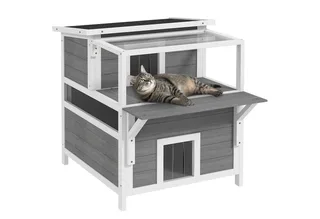 Katzenhöhle, Katzenhütte aus Tannenholz, Katzenhaus mit Balkon, Eingängen, für Katzen bis 5 kg, Outdoor, 64 x 87 x 76 cm by PawHut in Light grey – product photo 2 of 5