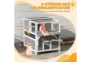 Katzenhöhle, Katzenhütte aus Tannenholz, Katzenhaus mit Balkon, Eingängen, für Katzen bis 5 kg, Outdoor, 64 x 87 x 76 cm by PawHut in Light grey – product photo 5 of 5