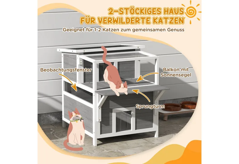 Katzenhöhle, Katzenhütte aus Tannenholz, Katzenhaus mit Balkon, Eingängen, für Katzen bis 5 kg, Outdoor, 64 x 87 x 76 cm by PawHut in Light grey – product photo 5 of 5