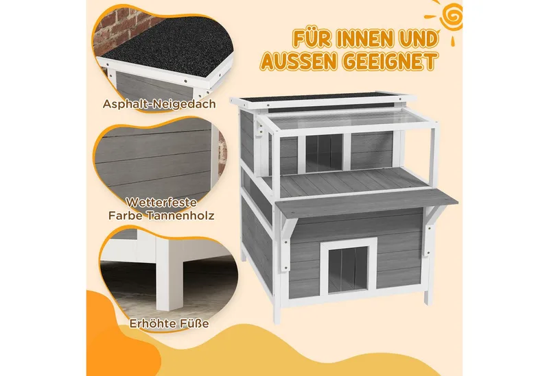 Katzenhöhle, Katzenhütte aus Tannenholz, Katzenhaus mit Balkon, Eingängen, für Katzen bis 5 kg, Outdoor, 64 x 87 x 76 cm by PawHut in Light grey – product photo 4 of 5